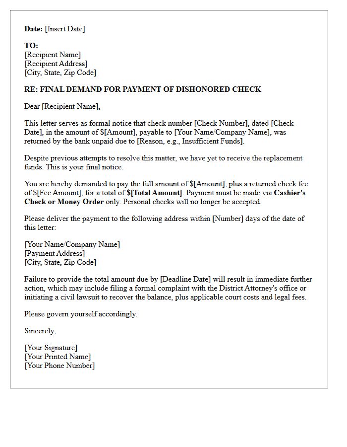 Final Demand Letter for Dishonored Check and Cashier Payment
