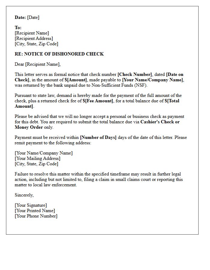 Non-Sufficient Funds Check and Cashier Payment Demand Letter