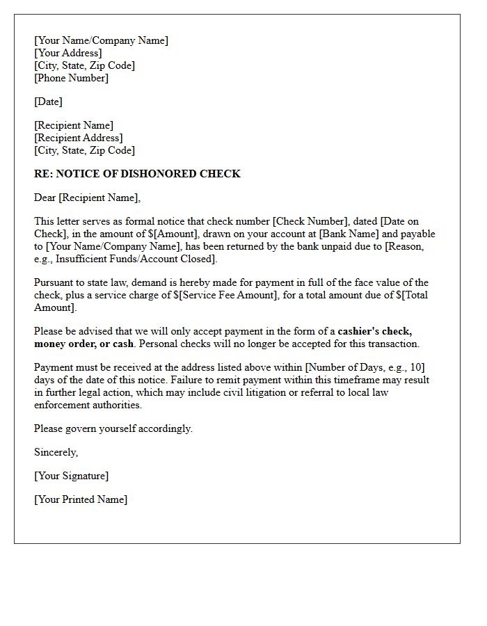 Notice of Dishonored Check and Demand for Cashier Payment Letter