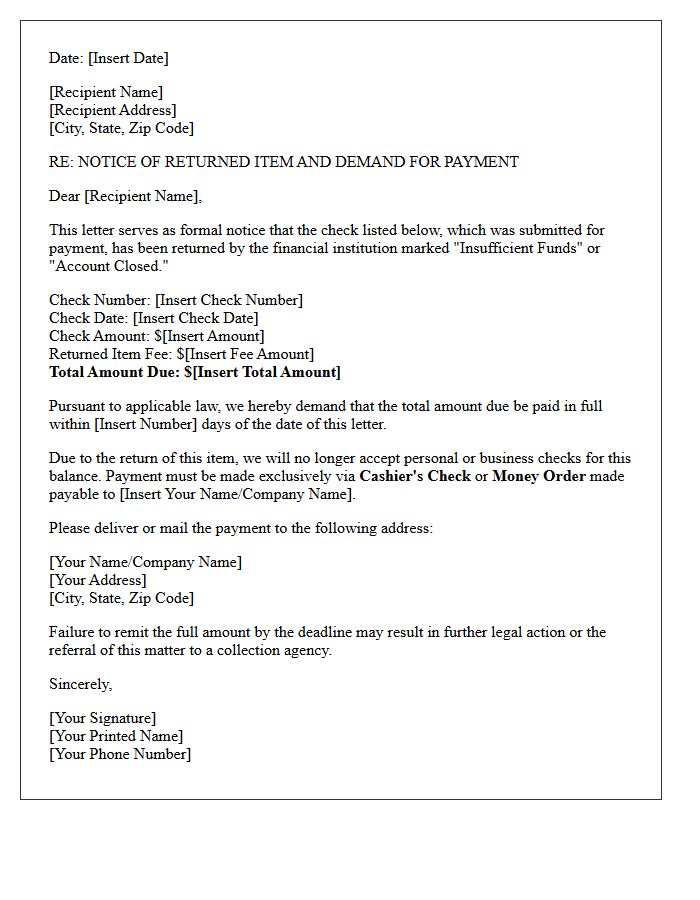 Notice of Returned Item and Demand for Cashier Check Letter