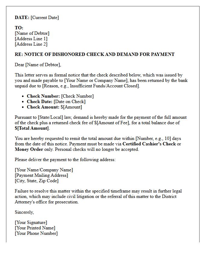 Official Letter of Dishonored Check and Demand for Certified Cashier Payment