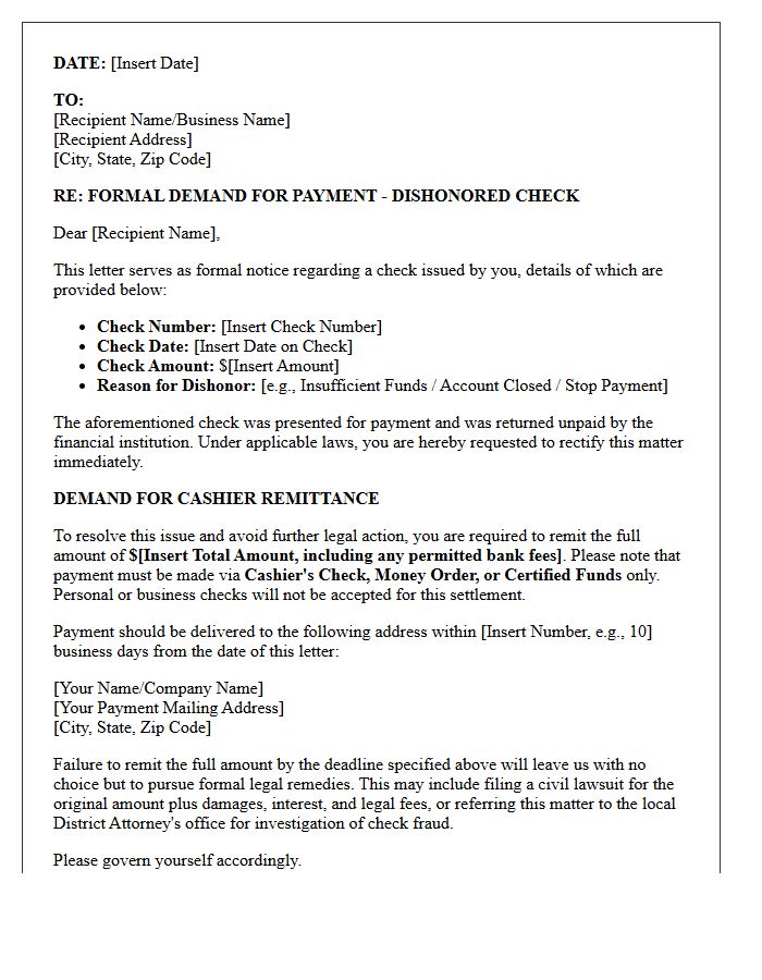 Pre-Legal Demand Letter for Dishonored Check and Cashier Remittance