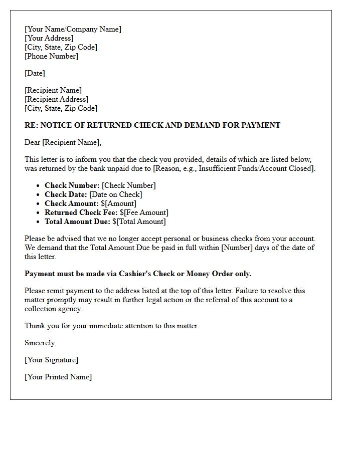 Returned Check Notice and Demand for Cashier Payment Letter