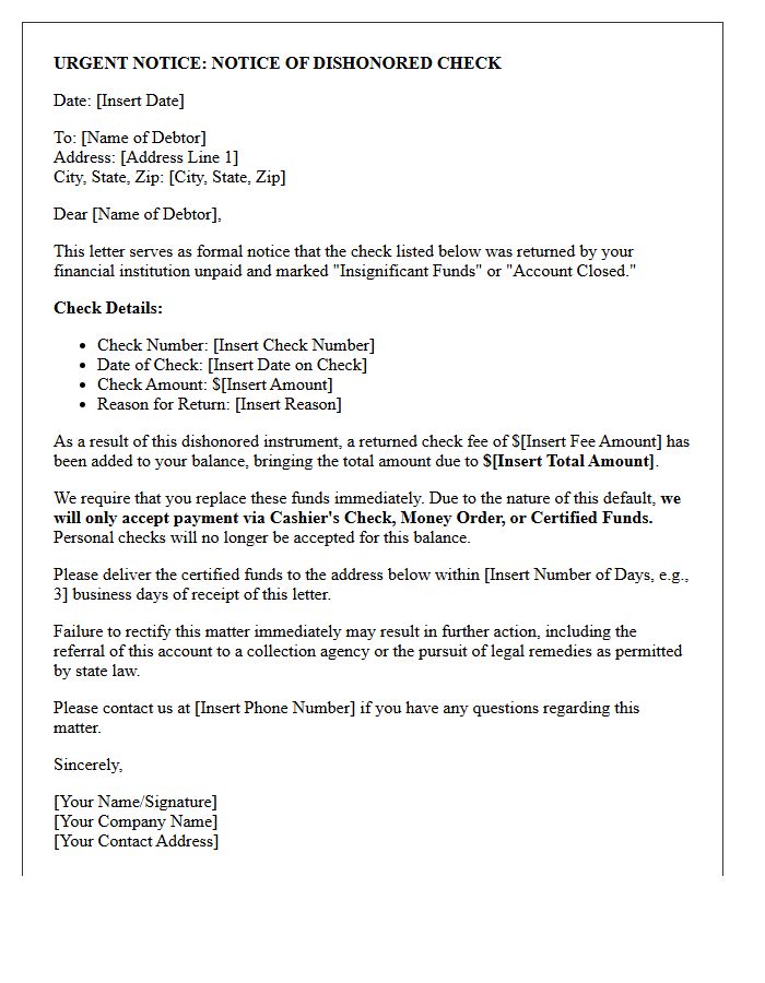 Urgent Collection Letter for Dishonored Check and Cashier Funds