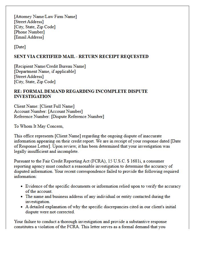 Attorney Demand Letter for Incomplete Dispute Investigation Response
