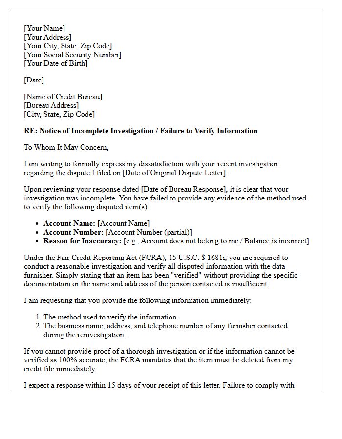Credit Bureau Incomplete Dispute Investigation Response Letter