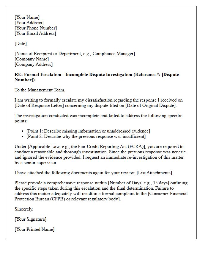 Escalation Letter for Incomplete Dispute Investigation Response