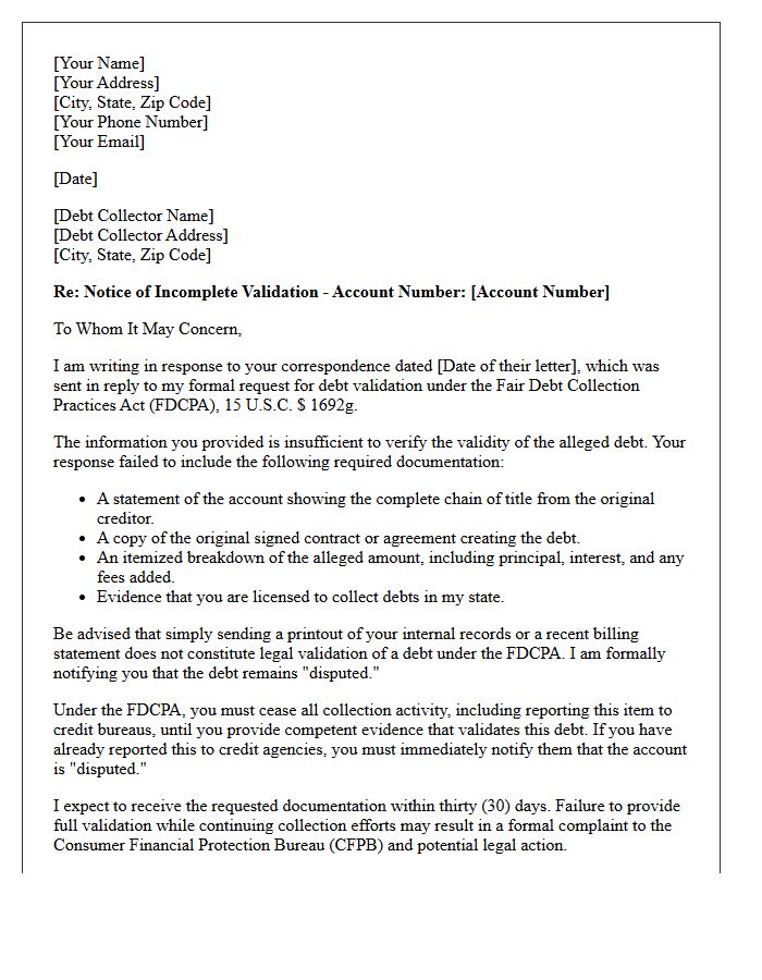 Fair Debt Collection Practices Act Incomplete Response Letter