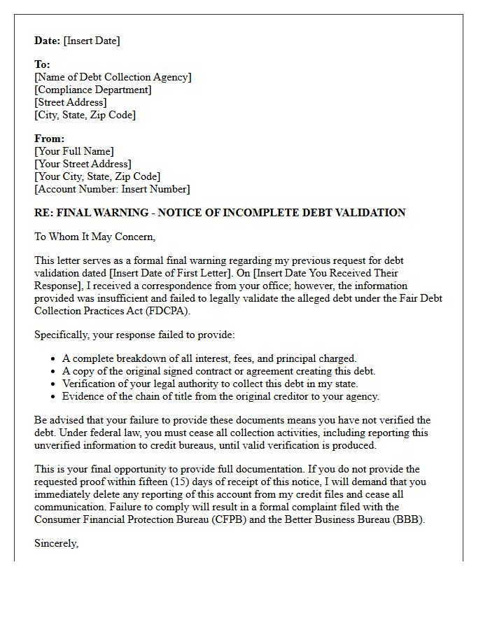 Final Warning Letter for Incomplete Debt Dispute Response