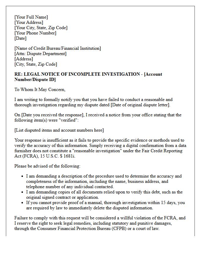 Legal Notice of Incomplete Dispute Investigation Letter