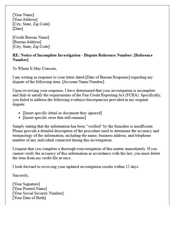 Notice of Incomplete Dispute Investigation Response Letter