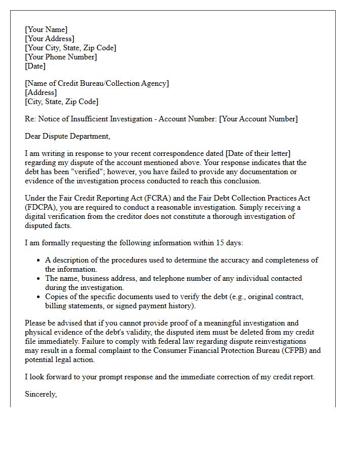 Notice of Insufficient Debt Dispute Investigation Letter