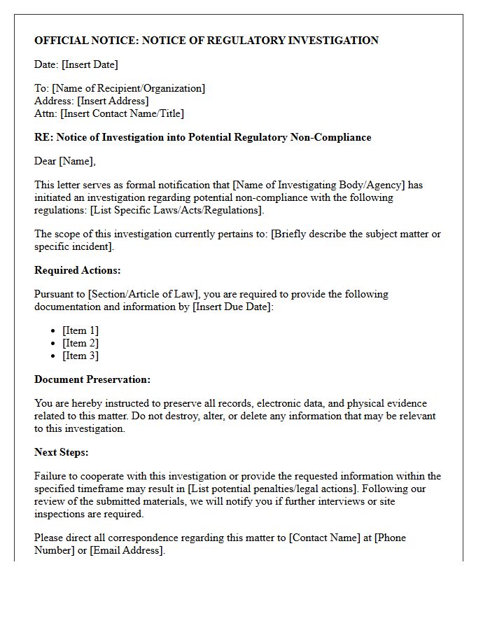 Notice of Regulatory Non-Compliance Investigation Letter