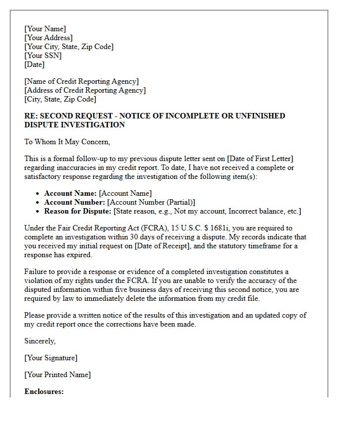 Second Request for Complete Dispute Investigation Response Letter