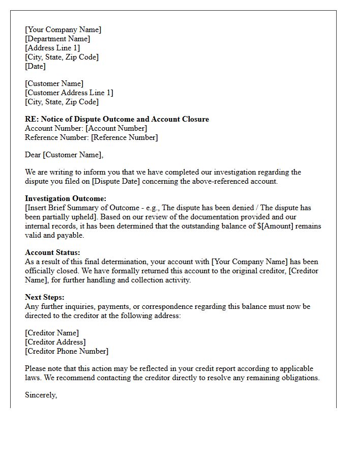 Account Closure And Return To Creditor Dispute Resolution Outcome Notice Letter
