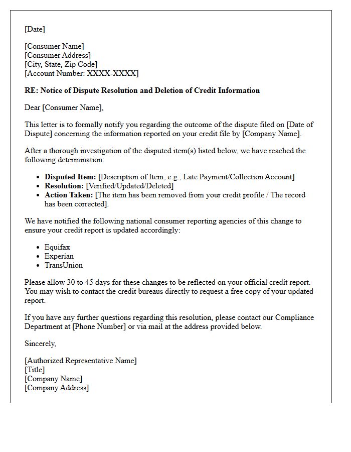 Credit Reporting Deletion And Dispute Resolution Outcome Notice Letter