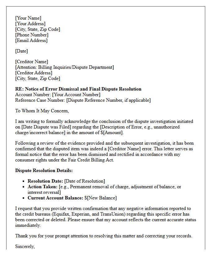 Creditor Error Dismissal And Dispute Resolution Outcome Notice Letter