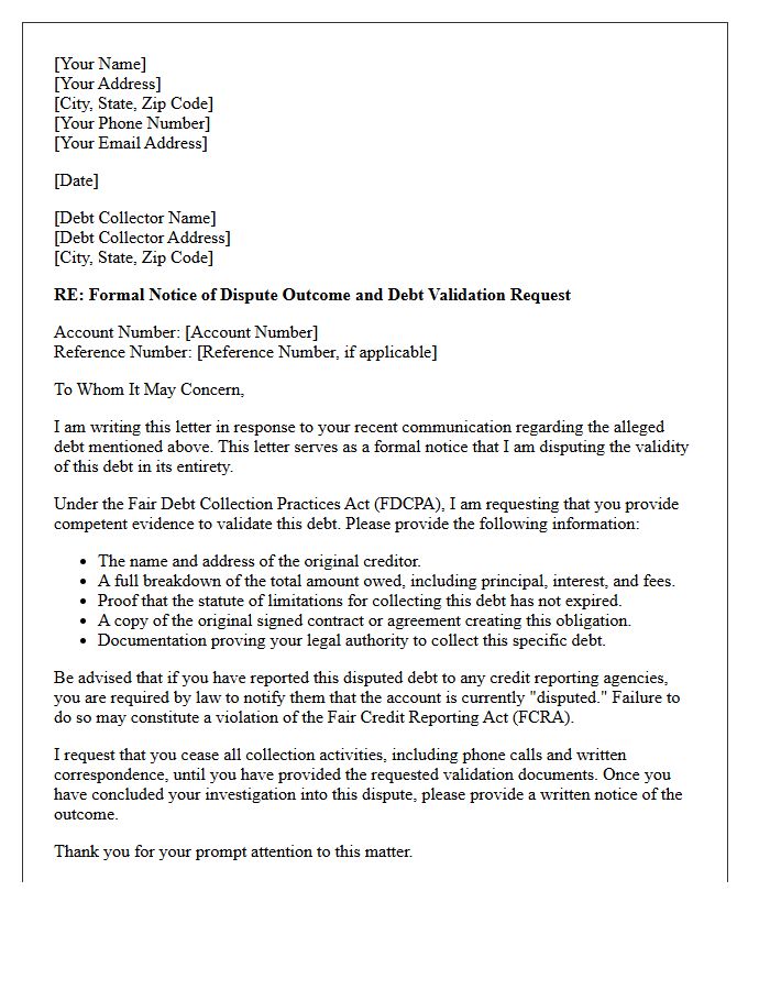 Debt Validation And Dispute Resolution Outcome Notice Letter