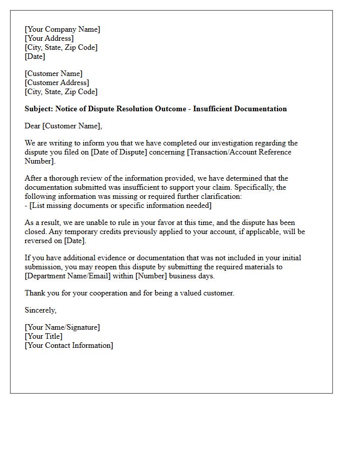 Insufficient Documentation And Dispute Resolution Outcome Notice Letter