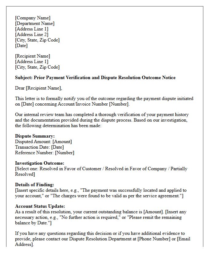 Prior Payment Verification And Dispute Resolution Outcome Notice Letter