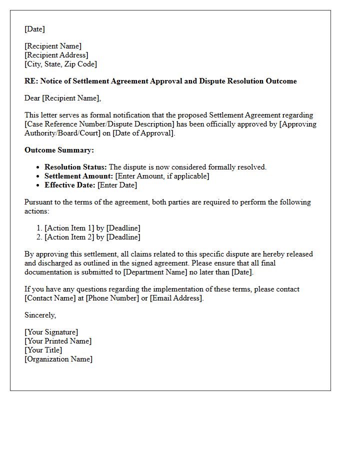 Settlement Agreement Approval And Dispute Resolution Outcome Notice Letter