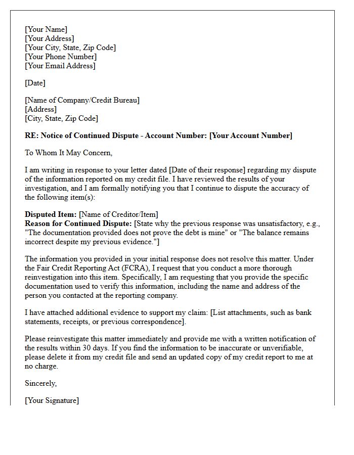Notice of Continued Dispute After Initial Response Letter