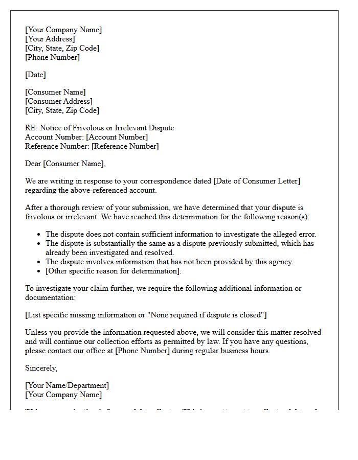 Debt Collection Frivolous Dispute Determination Letter