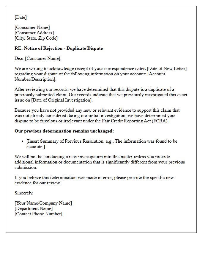 Duplicate Dispute Rejection Notice Letter