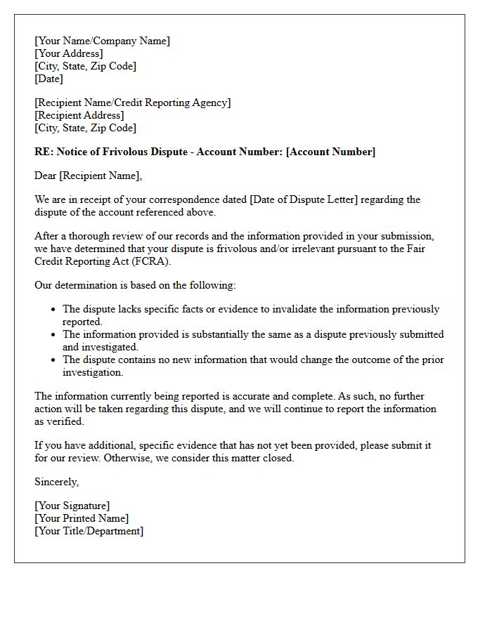 Frivolous Dispute Response Notice Letter