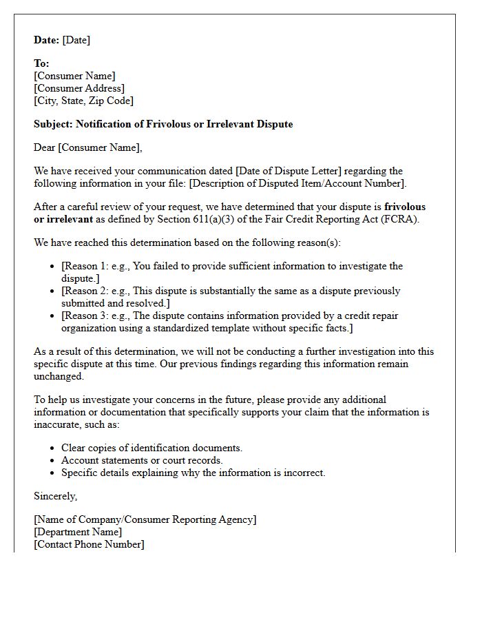 Frivolous Or Irrelevant Dispute Notification Letter