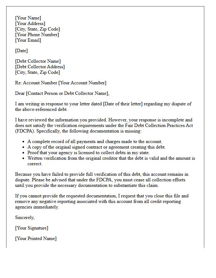 Incomplete Debt Dispute Response Letter