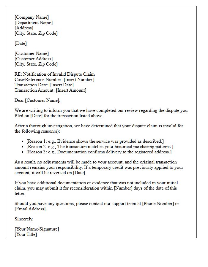 Invalid Dispute Claim Notification Letter