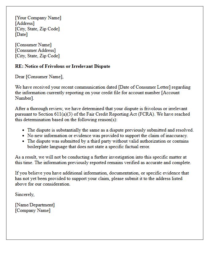 Notice Of Frivolous Dispute Rejection Letter