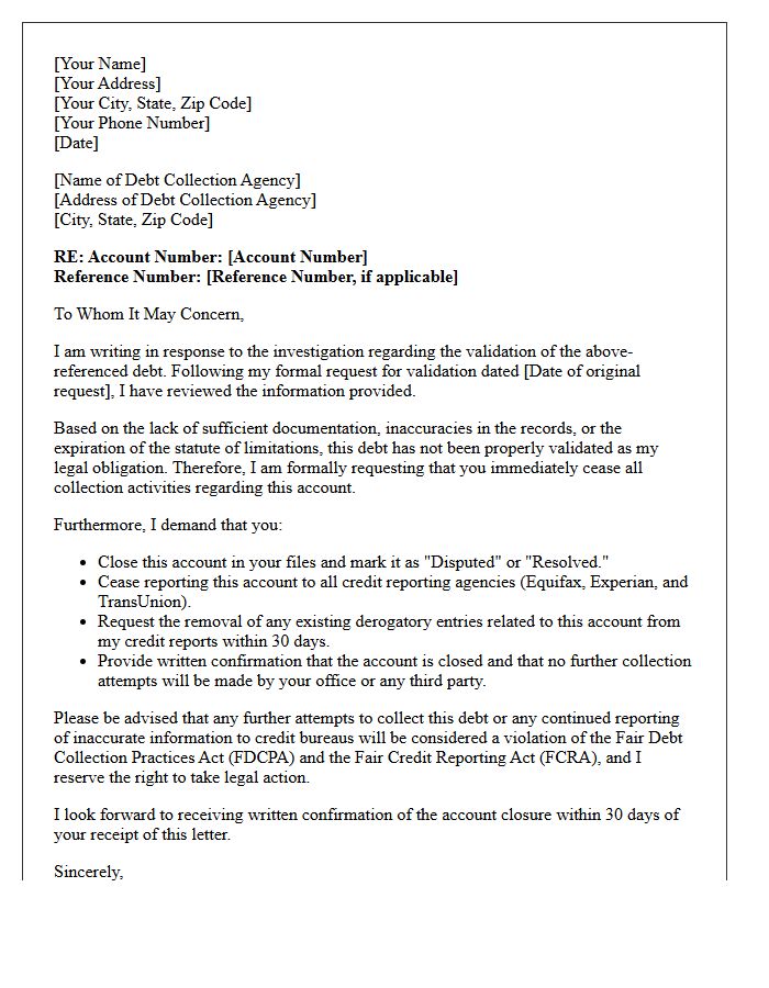 Debt Validation Investigation Results And Account Closure Letter
