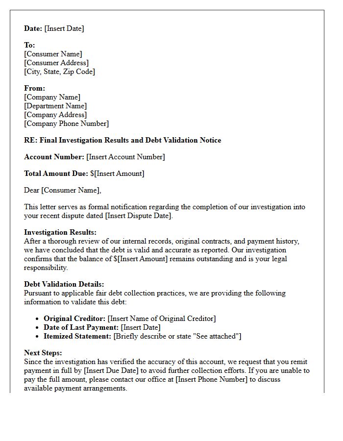 Final Investigation Results And Debt Validation Notice Letter