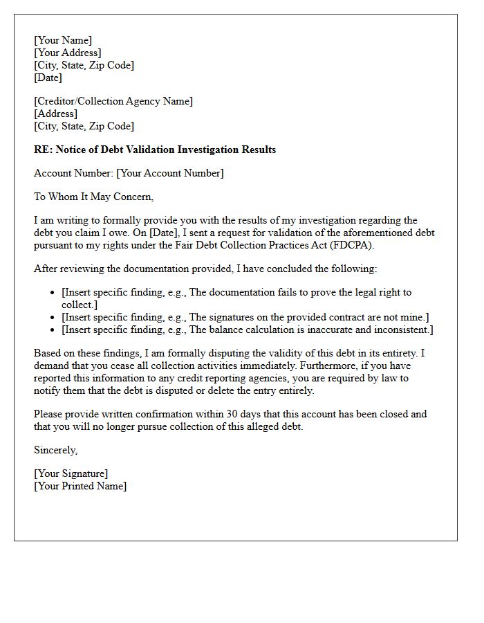 Notice Of Debt Validation Investigation Results Letter