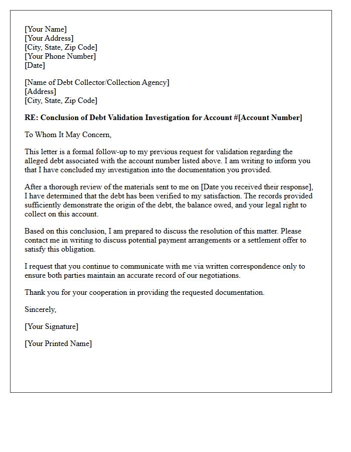 Verified Debt Validation Investigation Conclusion Letter