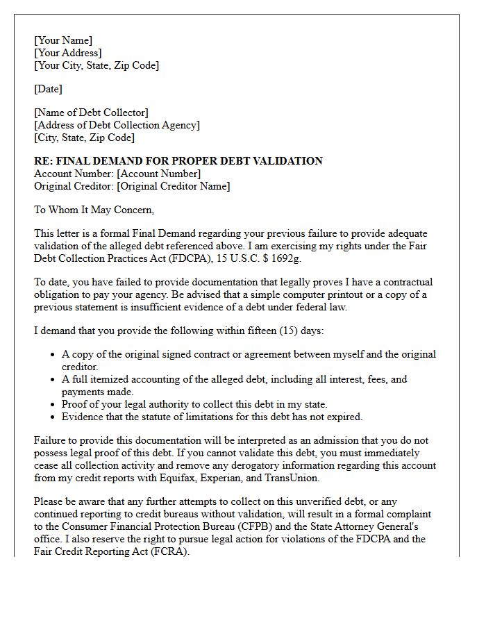 Final Demand for Proper Debt Validation Letter
