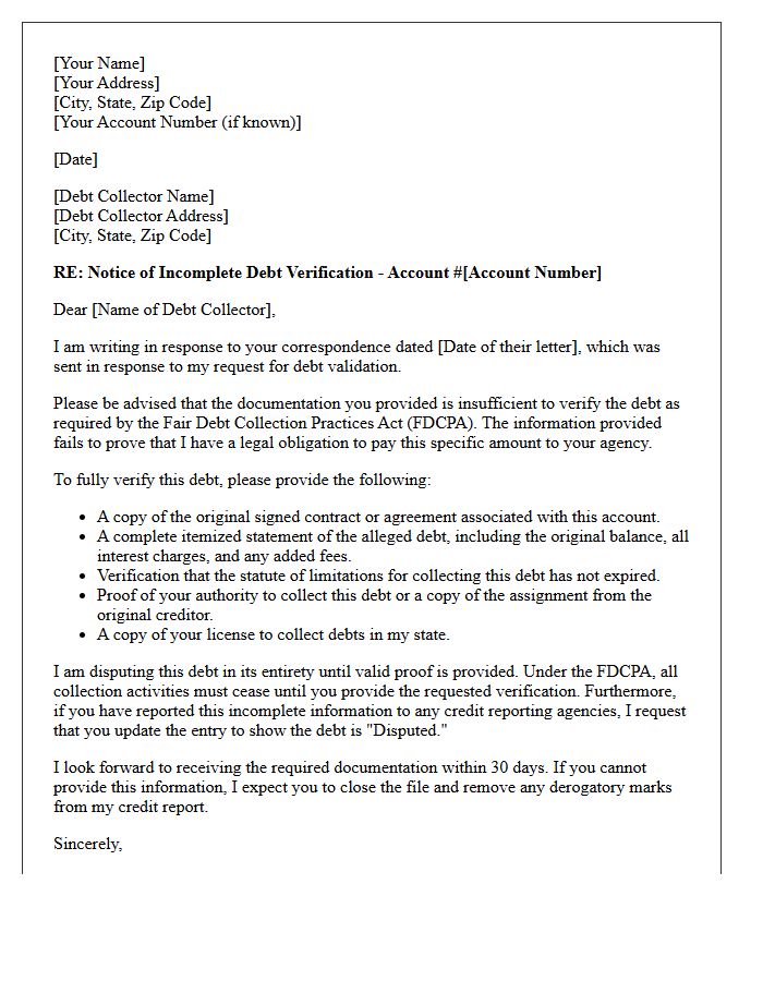 Incomplete Debt Verification Response Letter