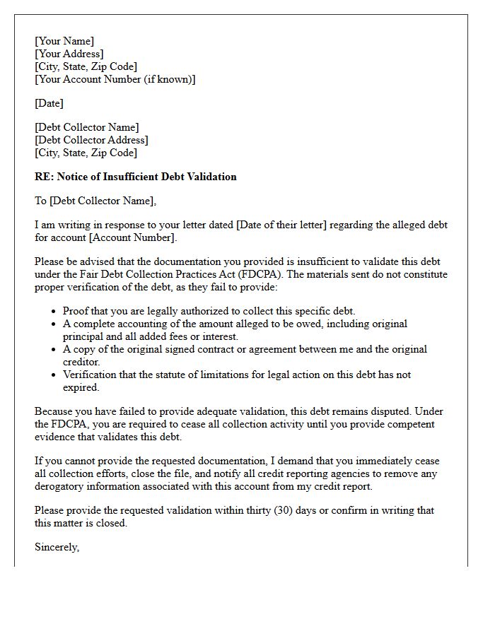 Notice of Insufficient Debt Validation Letter
