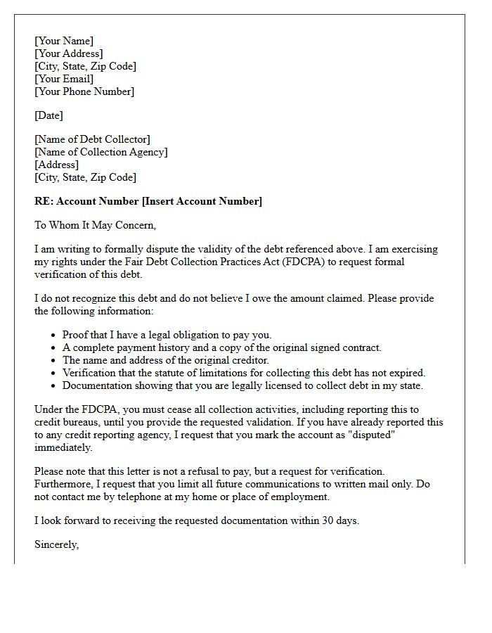 Unverified Debt Dispute and Collection Suspension Letter