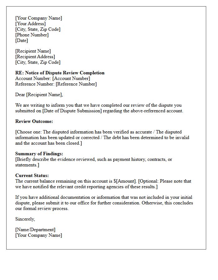Debt Dispute Review Completion Letter