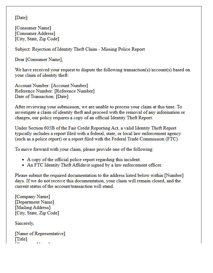 Absence of Police Report Identity Theft Rejection Letter