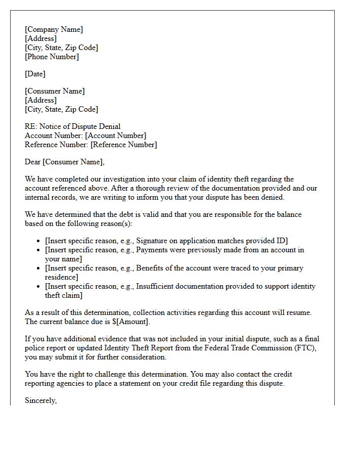 Account Collection Identity Theft Dispute Denial Letter
