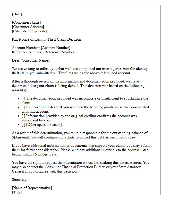 Debt Collection Identity Theft Claim Denial Letter