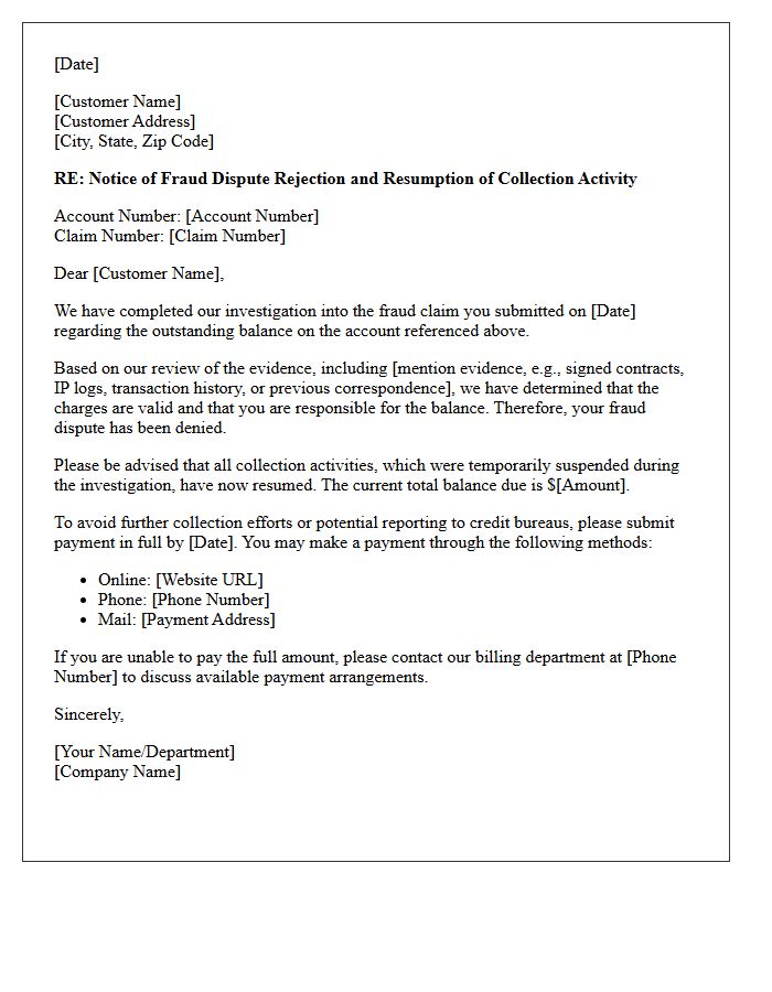 Fraud Dispute Rejection and Collection Resumption Letter