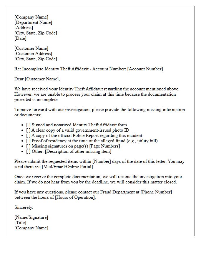 Incomplete Identity Theft Affidavit Rejection Letter