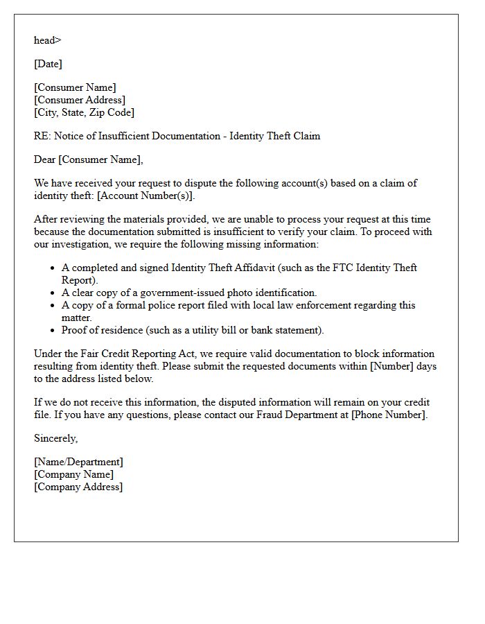 Insufficient Evidence Identity Theft Dispute Rejection Letter
