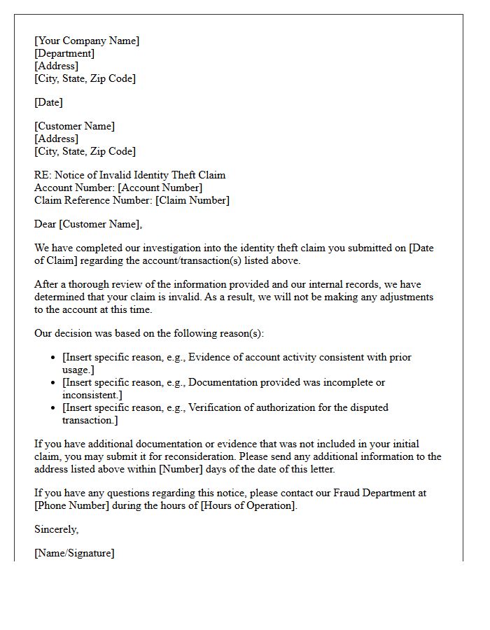 Invalid Identity Theft Claim Notice Letter