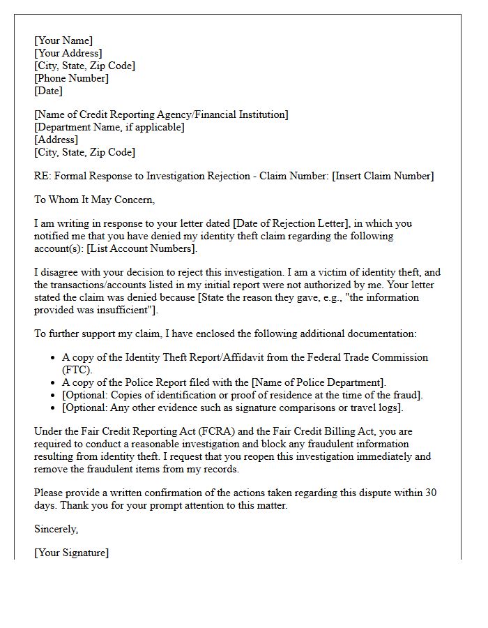 Rejected Identity Theft Investigation Response Letter